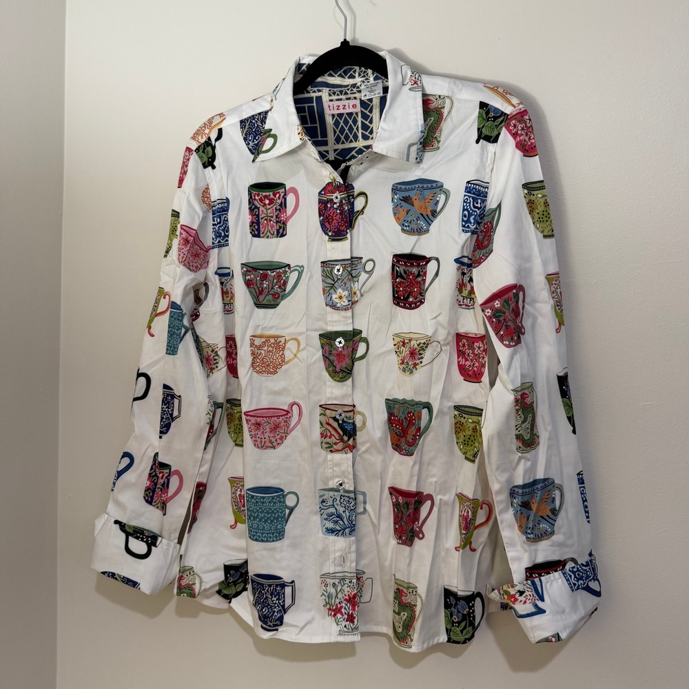 Tizzie Teacup Print Button Down Shirt Cotton Lycra Boho Novelty Print L